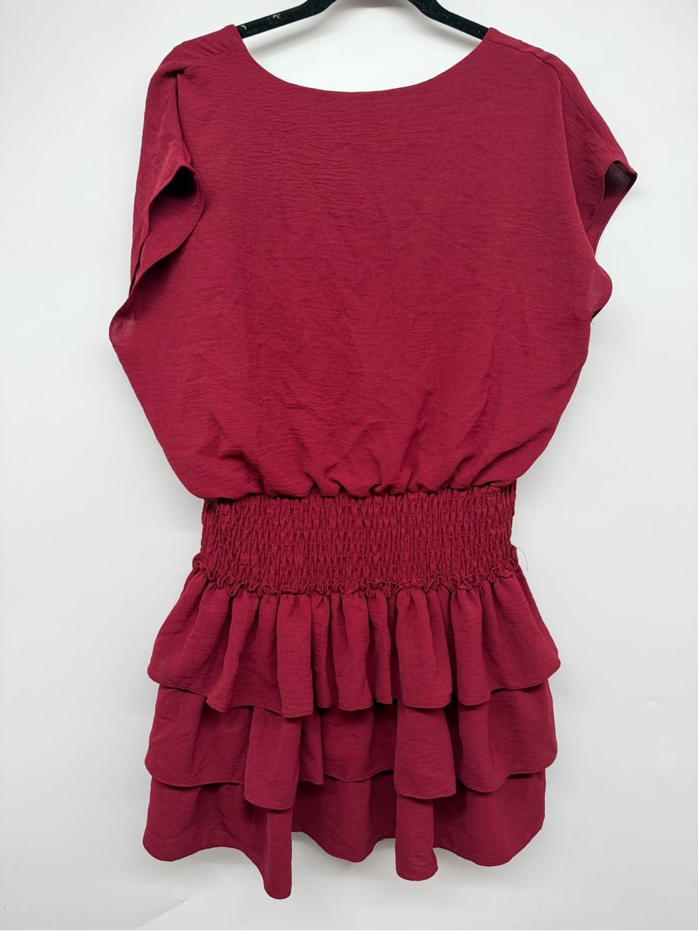 Adrienne Burgundy Smocked Waist Tiered Ruffle Dress Size Large - Picture 3 of 4